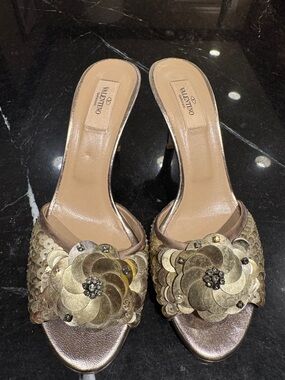 Valentino Garavani Metallic Gold Sequin Floral Slide Mules
